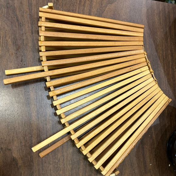 Mid Century Teak Folding Basket/ Fruit Bowl With Bamboo Handle MCM - Picture 5 of 8